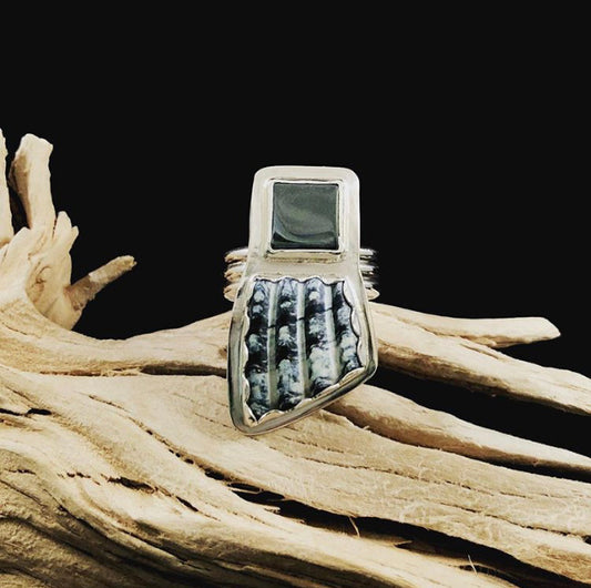 Unique Hematite + Shell Ring Size 8.5