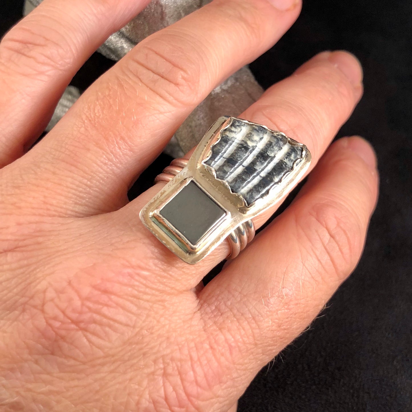 Unique Hematite + Shell Ring Size 8.5
