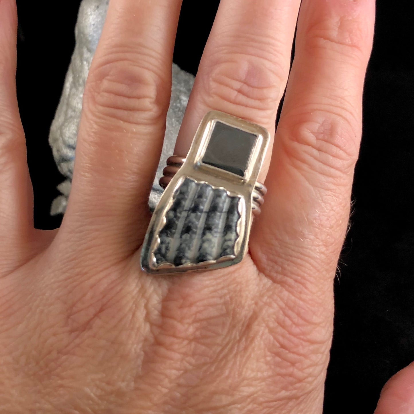 Unique Hematite + Shell Ring Size 8.5